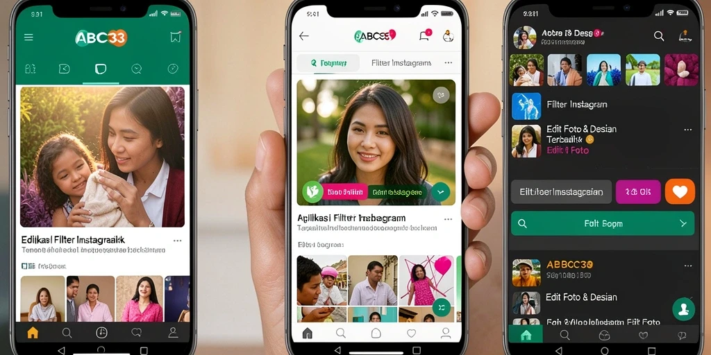 Antarmuka aplikasi ABC33 dengan berbagai pilihan filter Instagram.