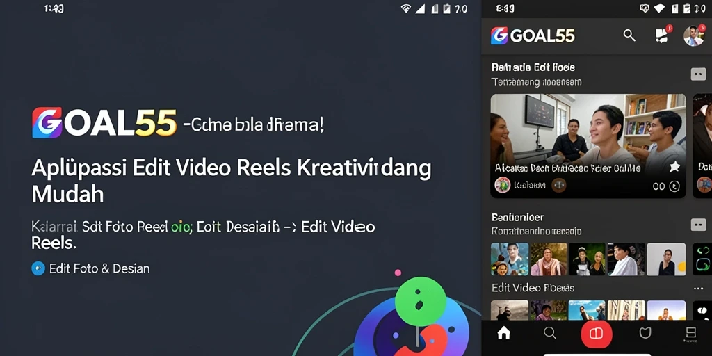 Screenshot utama GOAL55 menampilkan antarmuka editing video reels yang intuitif.