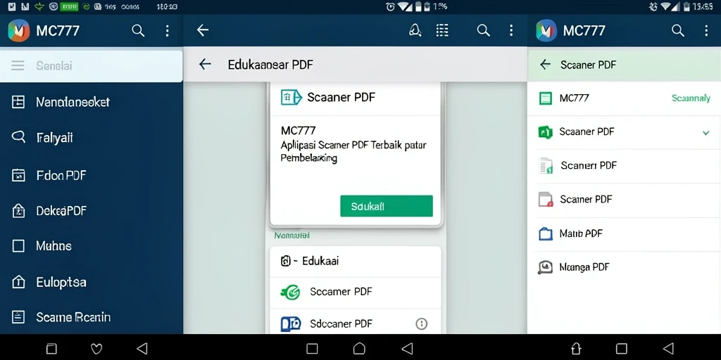 Screenshot aplikasi MC777 menampilkan antarmuka pemindaian PDF yang user-friendly.